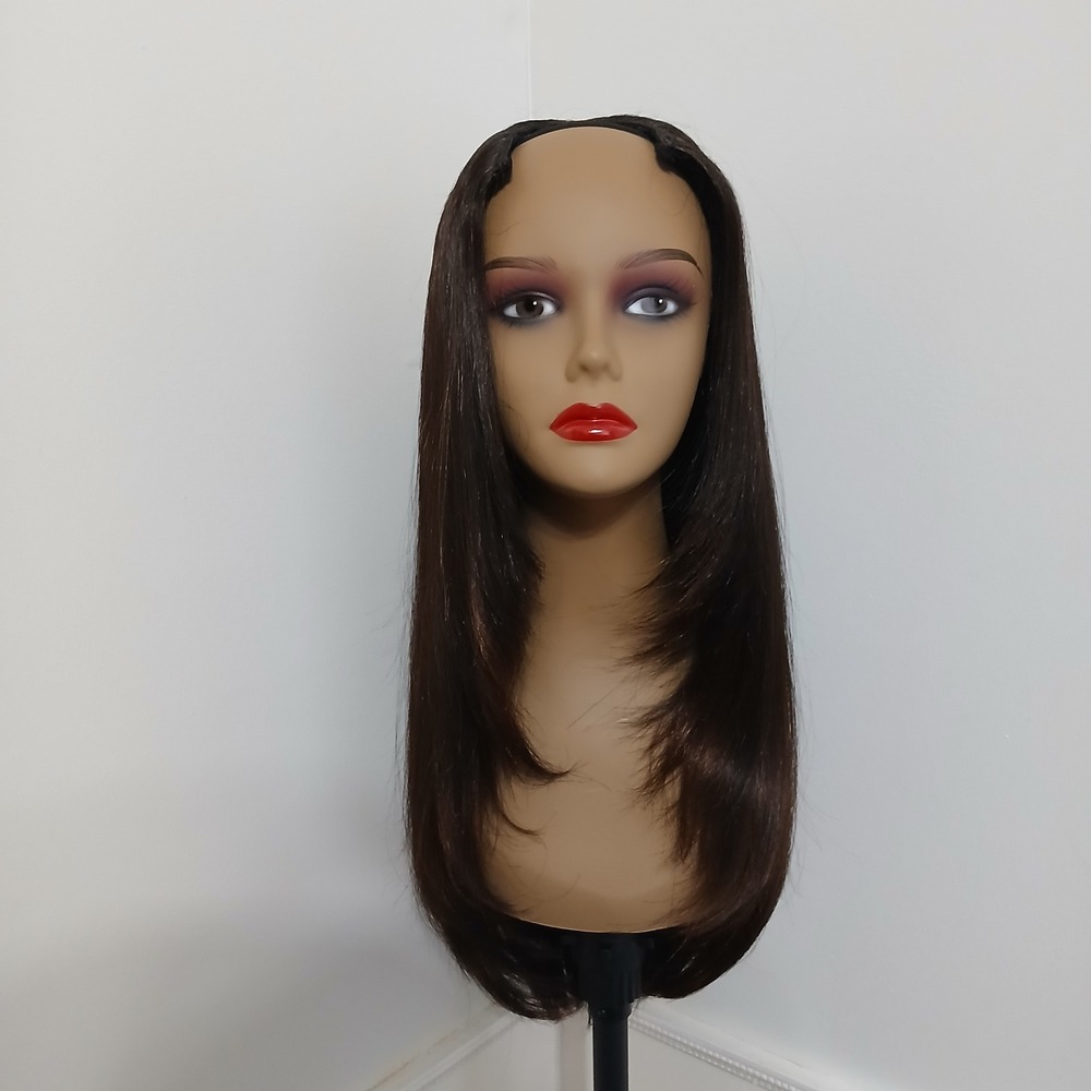Long Straight U-Part Wig Dark Brown Auburn Highlights 24 Inch